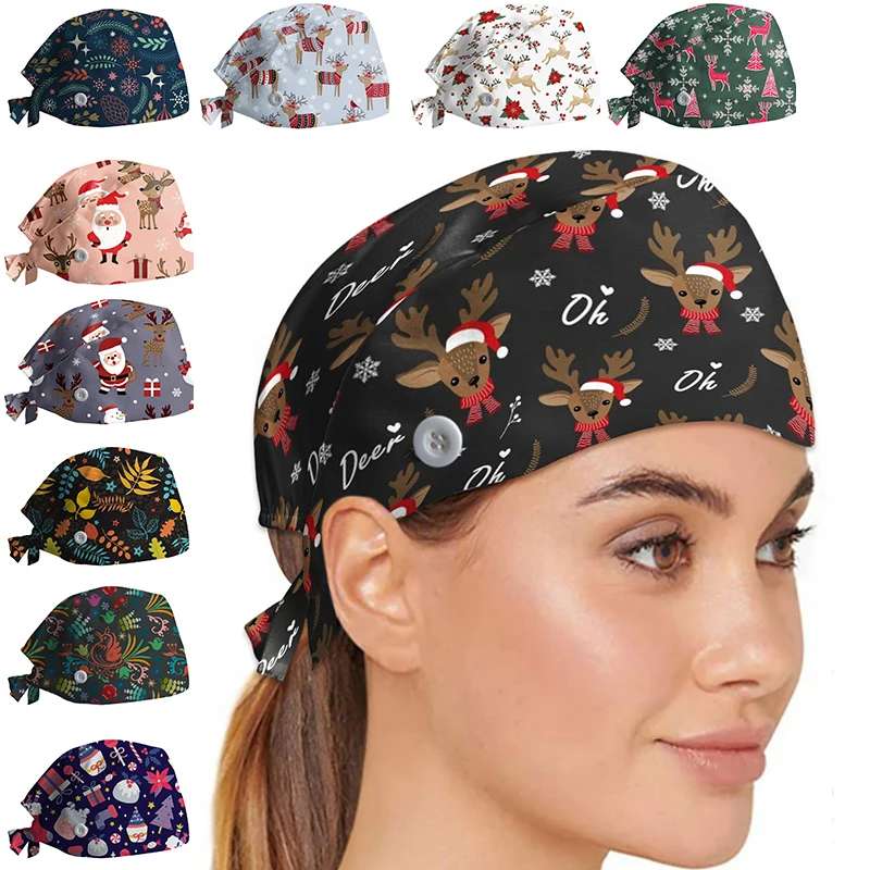 Christmas Adjustable Printed Nurse Cap Sweat-absorbent Elastic Dust-proof Neutral Baotou Cap Cute Fashion Halloween Surgical Cap