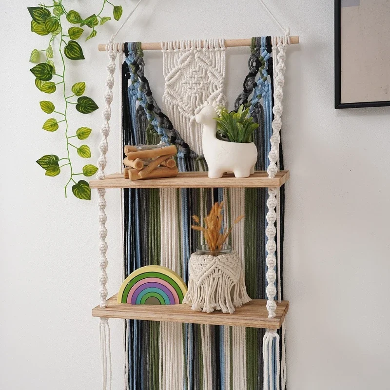 Double Layer Solid Wood Storage Rack Woven Tapestry Blue-green Gradient Tassel Cotton Rope Storage Decor One-piece Wall Blanket