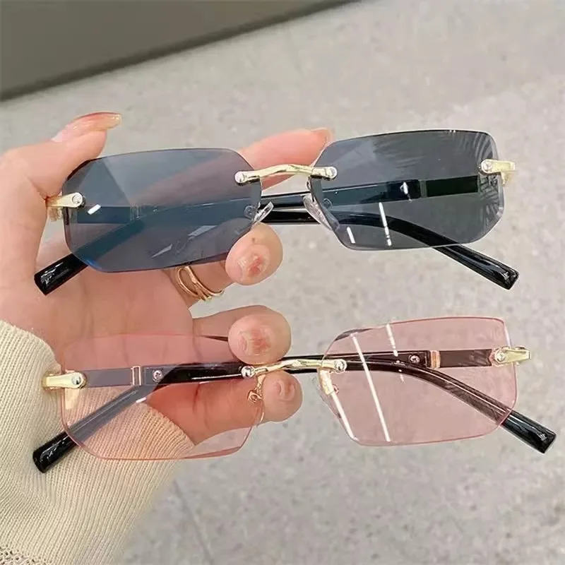 Rimless Rectangle Sunglasses, UV400 Protection Y2K Frameless Fashion Retro Eyewear for Women & Men