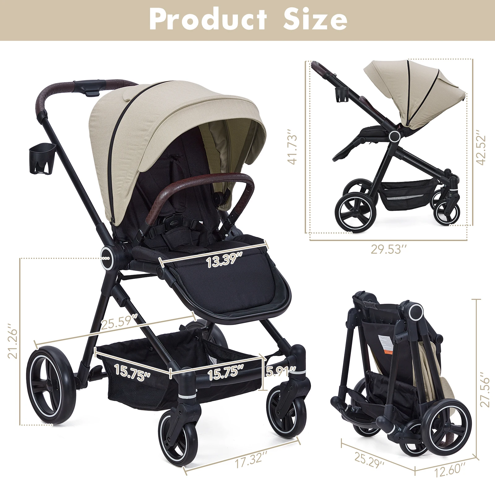 Foldable Baby Stroller,Convertible Infant Pram with Reversible Backrest,Storage Basket,Adjustable Footrest & Canopy,Cup Holder