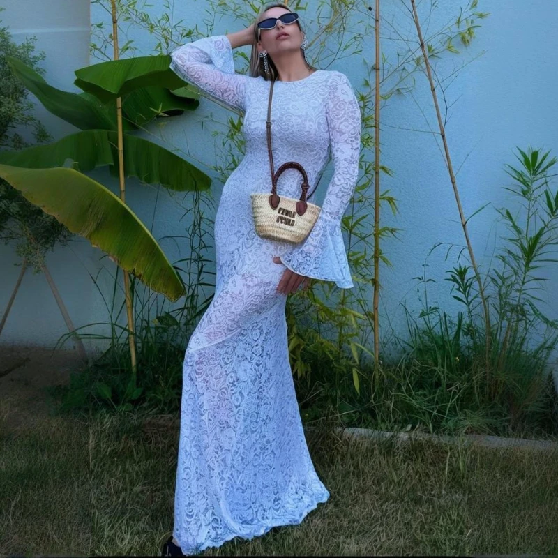 

TARUXY Elegant Lace Backless Dress Women's Solid Slim Sexy High Waist Bell Sleeves Autumn New Dress Female Evening Gown