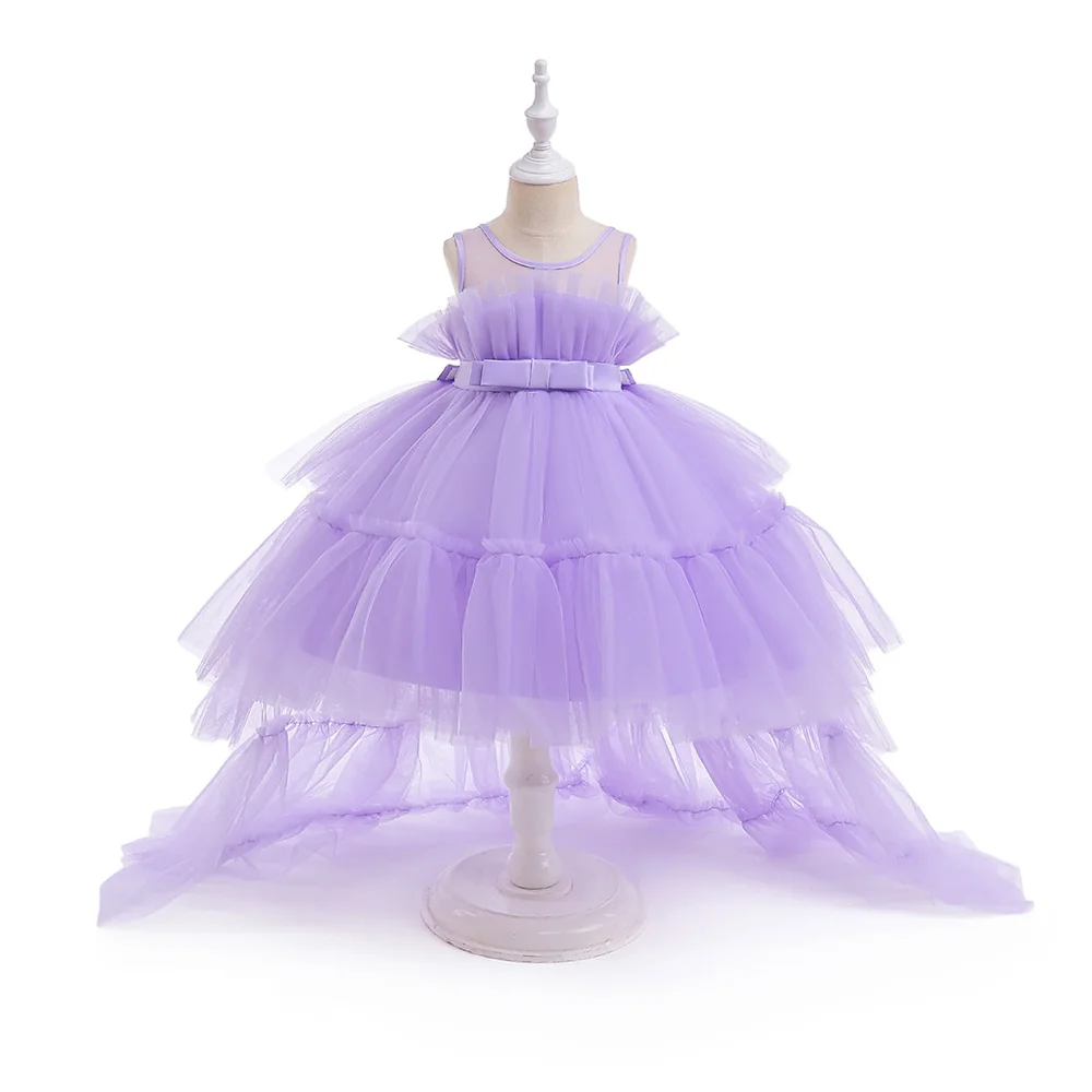 Barbie Pink Trailing Baby Girls Party Dresses Tulle Baptism Princess Wedding Birthday Bridesmaid Dress Bow First Communion Gown