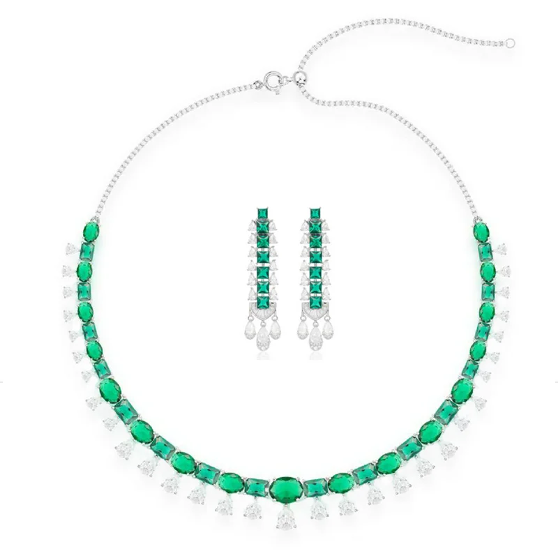 Designer Collection Style Stud Earrings Necklace Women Lady Inlay Green Cubic Zircon Tassels Dinner Party Jewelry Sets