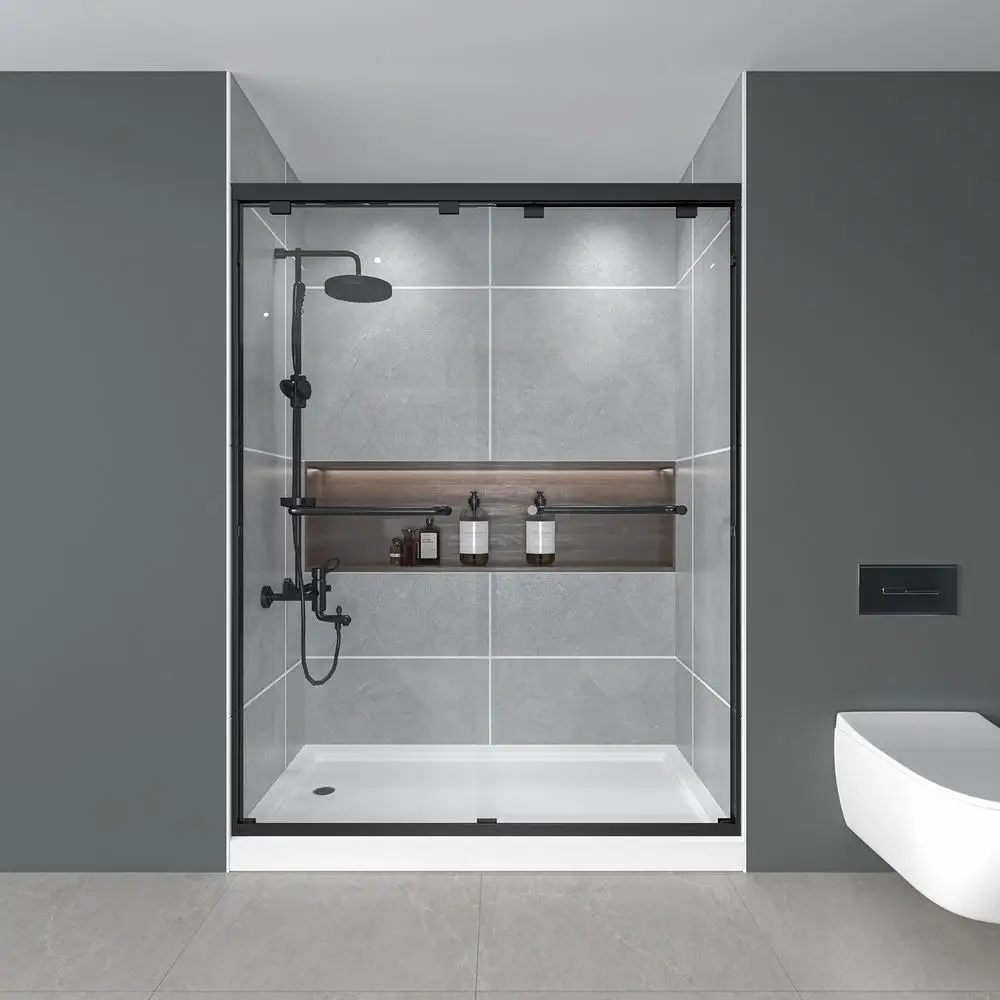 

56-60 Inch Sliding Shower Door 72 Inch Height Matte Black Tempered Glass with Fingerprint Resistant Design
