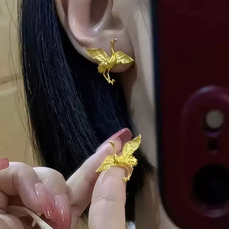 9999 gold ancient-style phoenix stud earrings, retro court style round face earrings, Hanfu accessories, ear studs for wholesale