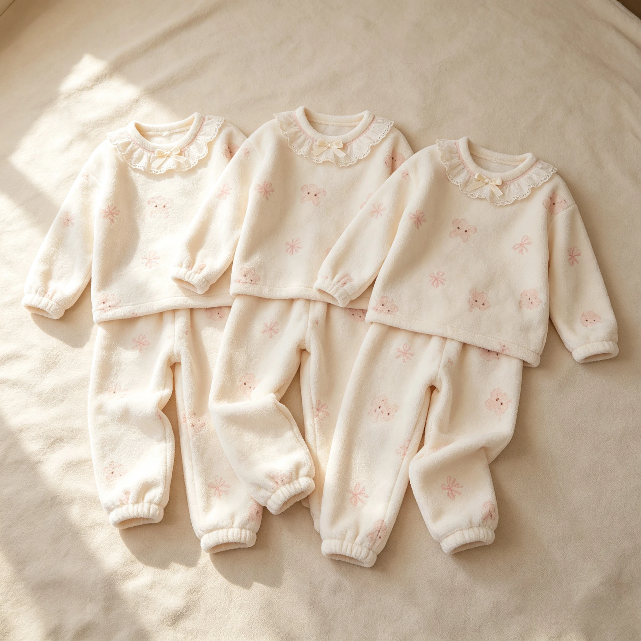 Girls Pajama Set Fleece Lined Ruffle Collar Sleepwear Long Sleeve Top Pants Cute Floral Loungewear for Kids Home Wear 4-12 Years