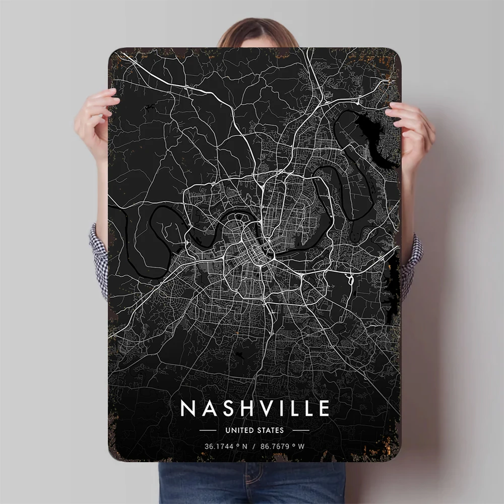 Nashville City Map Metal Wall Art Modern Minimalist Home Decor United States Topographic Print Iron Painting