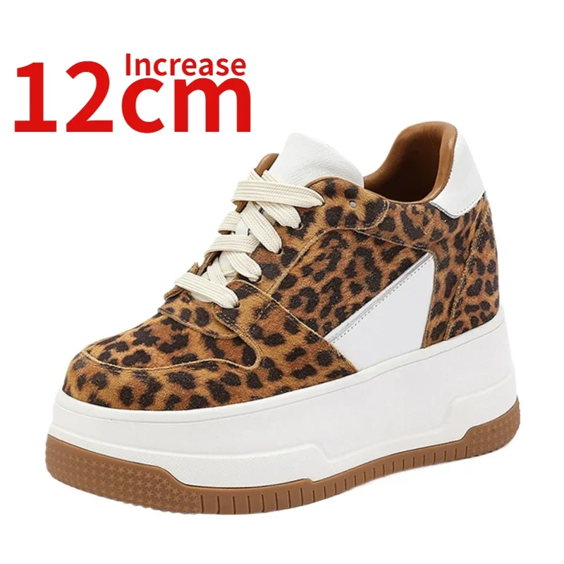 Height Increasing Shoes for Women's Increased 12cm Elevated Genuine Leather Leopard Print Design Thick Soled Casual Sports Shoes