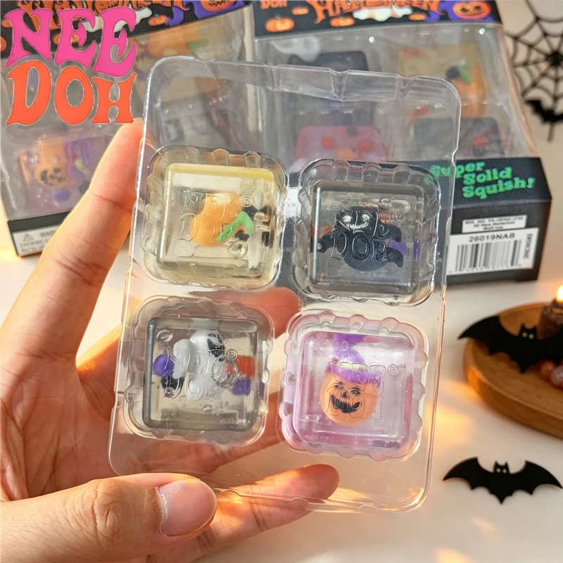 Needoh Halloween Limited 4 Pack Mini Nice Cube Squeeze Toy Maltose Slow Rebound Anxiety Relief for Calm Down Autism ADHD Focus