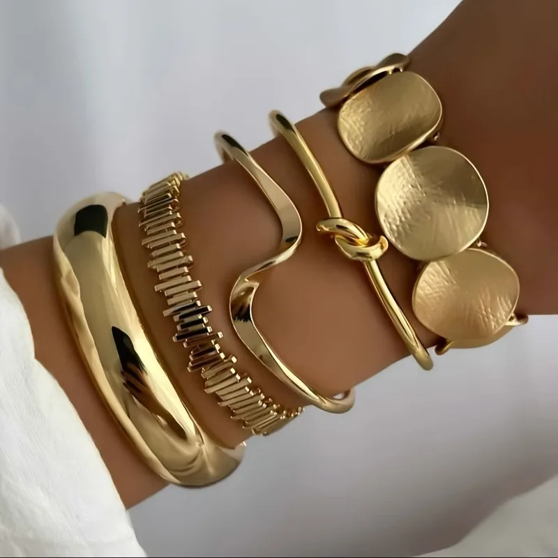 5pcs Stylish Versatile Irregular Geometric Wave Knot Bracelet Set for Women, Perfect for Daily Wear and Holiday Gifts