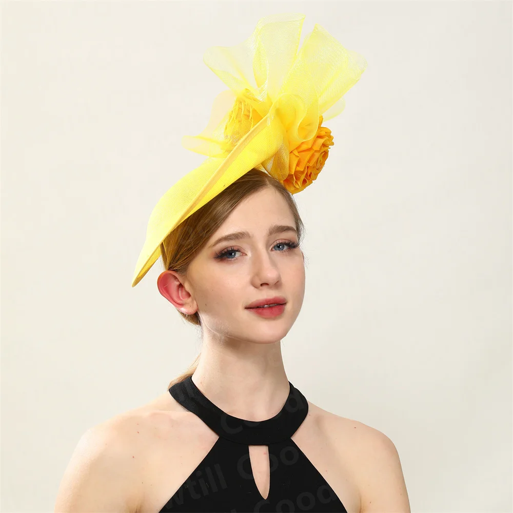 

Yellow Fascinator Hat Headband Women Wedding Church Headpiece Flower Wedding Pillbox Cap For Party Dinner Banquet Chapeau Cap