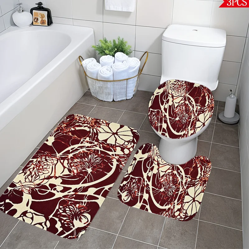 

Набор для ванной из 3 предметов цвета винного красного с цветочным узором – винтажный дизайн с виноградными лозами, мягкая крышка для унитаза, коврик для унитаза и напольный коврик, толстая подушка, нескользящий декор