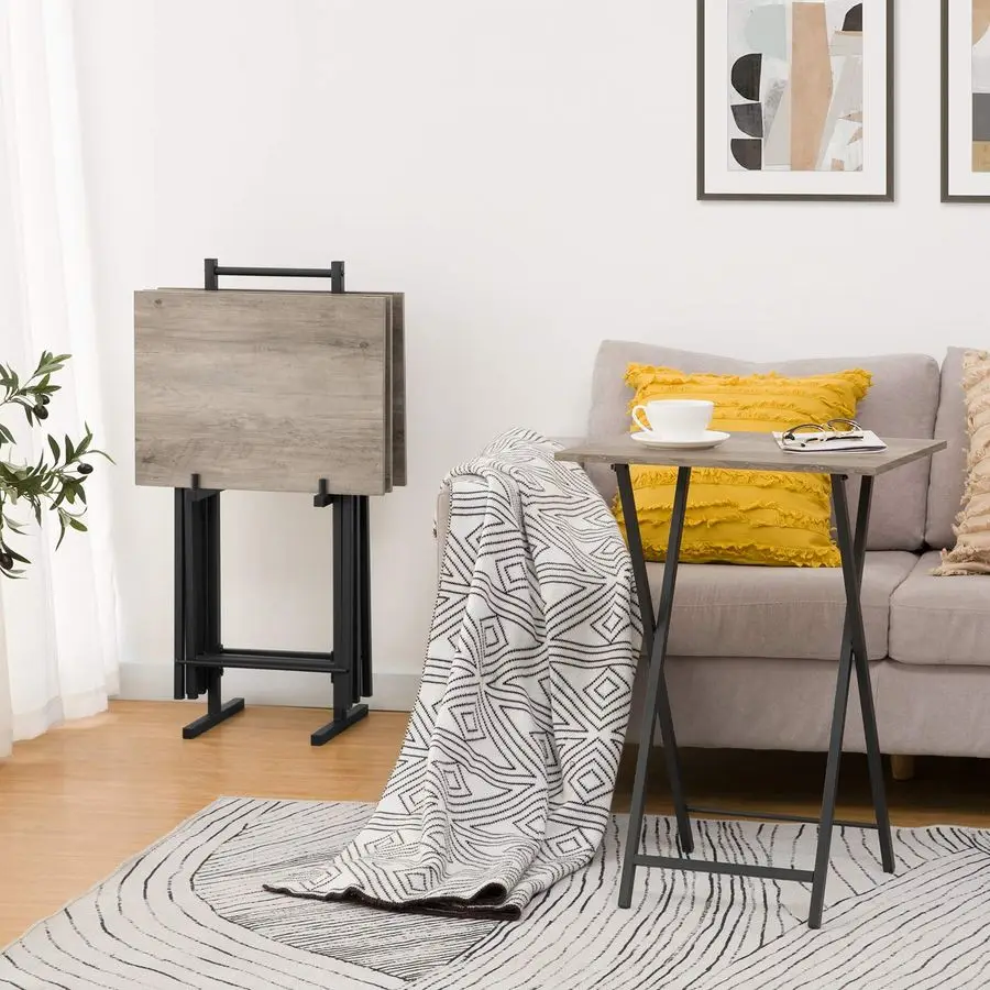 طاولات صينية تلفزيون قابلة للطي، مجموعة من 4 صواني تلفزيون مع رف تخزين، طاولة جانبية صناعية لتناول الطعام في الأريكة، طاولة للوجبات الخفيفة قابلة للطي