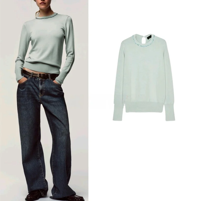 

Новый осенний простой вязаный топ с длинным рукавом и круглым вырезом, украшенный бисером, женский повседневный мягкий трикотаж из полиэфирного волокна