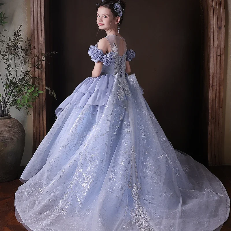 Custom JDY High Off Shoulder 3D Flower Lace Trailing Tulle Flower Girl Dress Wedding Party Gown Birthday Pageant Dress فساتين اط