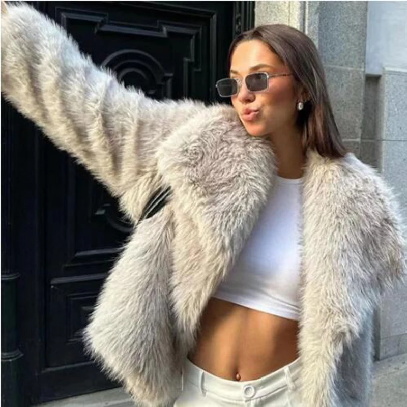 Fashion Faux Fur Jackets Women American New Loose Ture Down Collar Long Sleeve Thick Coats Female Autumn Warm Chic Outerwear Top