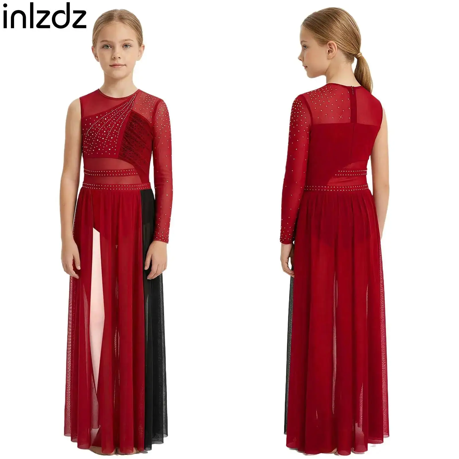 

Kids Girls One Shoulder Ballet Lyrical Modern Dance Dress Side Split Rhinestones Mesh Dress for Skating Gymnastics Performance