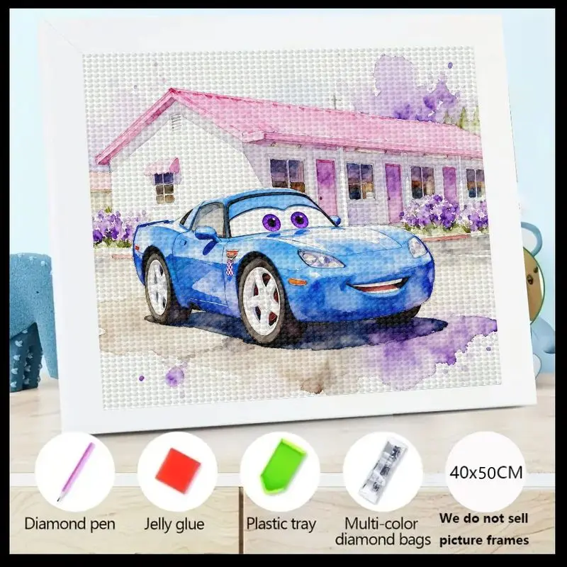 1PC 5D DIY Full Drill Diamond Painting Kit, Charming Blue Cartoon Sports Car with Purple Eyes & Smile, Detailed House with Pink