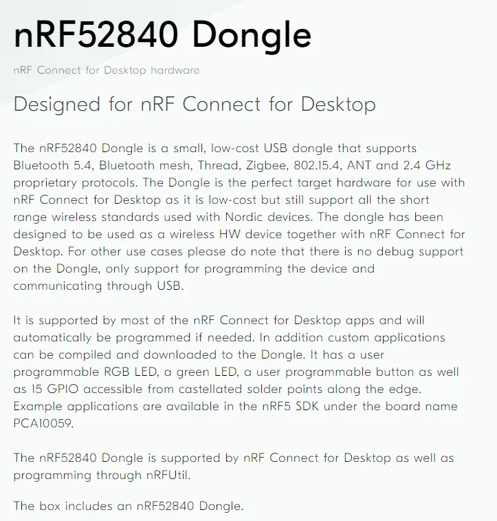 nRF52840 USB Dongle, Compatible with nRF Connect for Desktop, Bluetooth 5.4/Mesh/Thread/Zigbee, nRF52840 Development Board