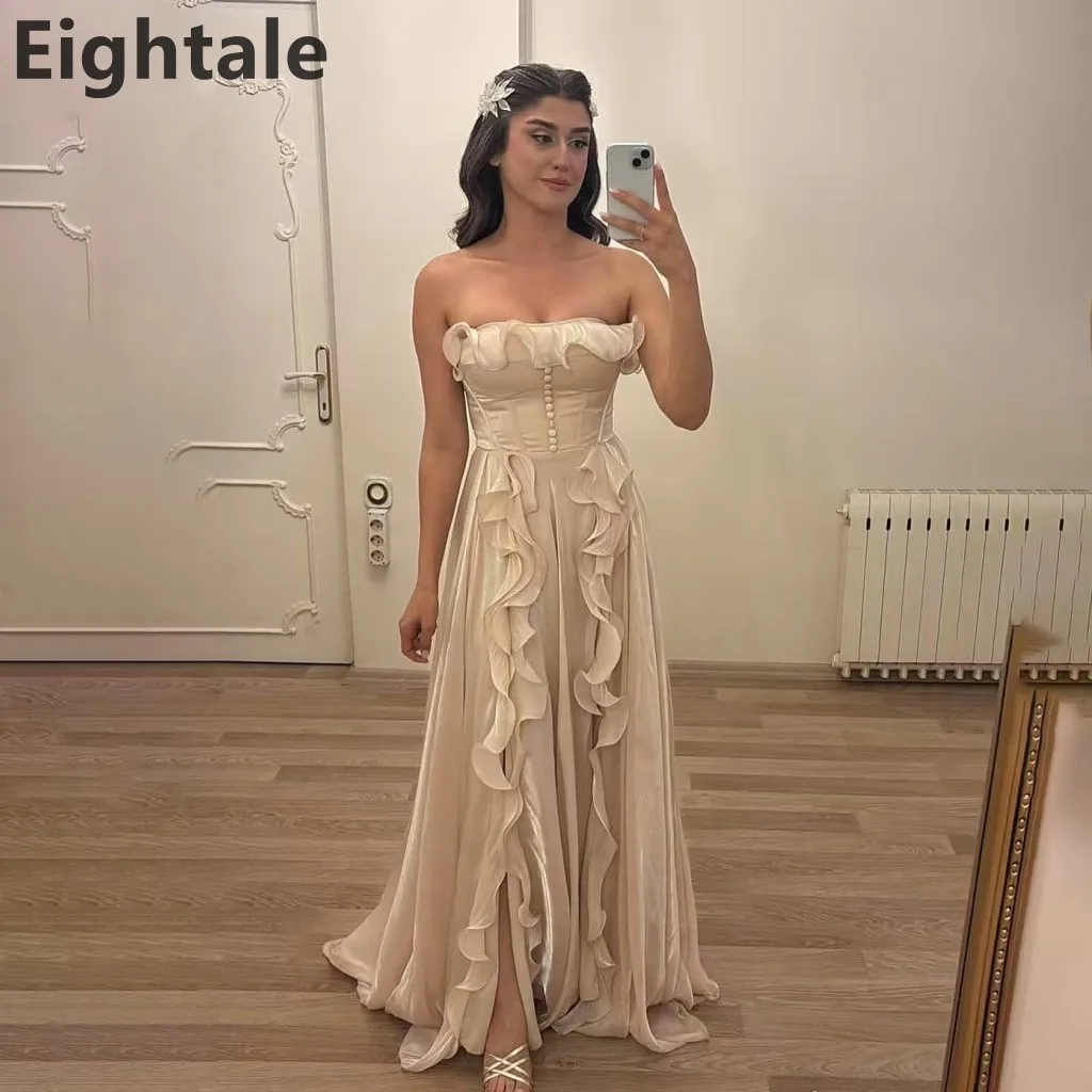 

Eightale 2025 Champagne A Line Slit Strapless Evening Dress Wedding Party Saudi Arabic Prom Dress Dubai Party Gown Customized