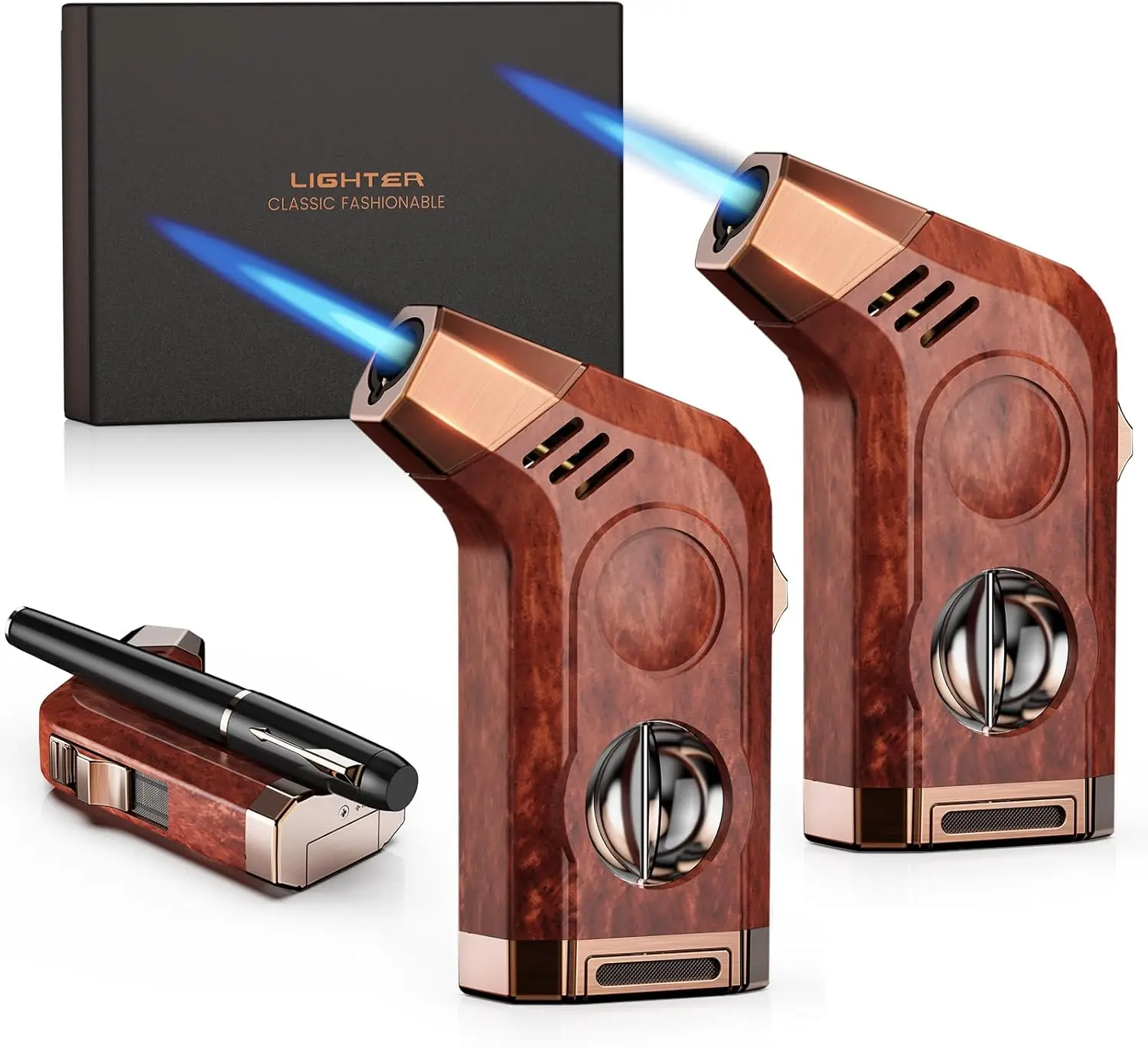 

2-Pack Windproof Jet Flame Lighter with Holder & Cutter, Refillable Butane Lighter for Outdoors and Candles, Gift Box Included