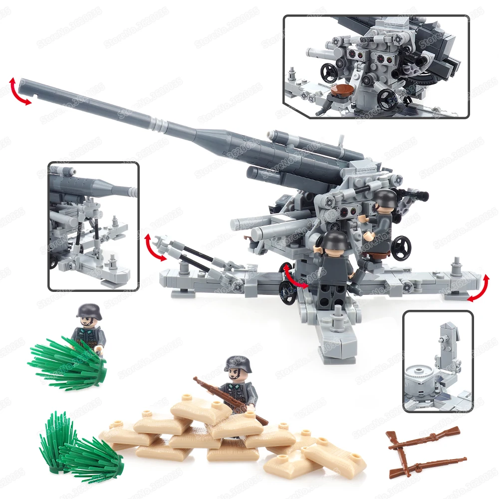 Military 88mm Flak18 Anti-Aircraft Gun Building Block WW2 Figures Artillery Series Weapons Scenes War Model Child Gifts Boy Toys