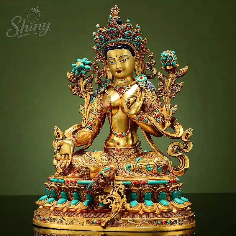 21cm Tibetan Buddhist Green Tara Statue Gilded Copper  Holy Display Altar Family Bless Temple Monk Worship Buddhist Supplies