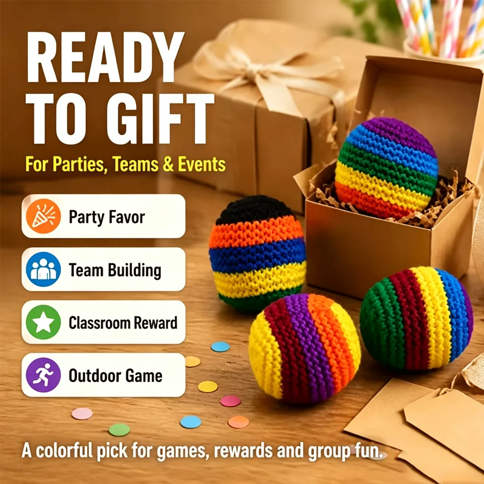 Hand‑Knitted Rainbow Hacky Sack Thick Soft Fuzzy Ball Stress Relief Outdoor Activity Game Toy Popular Gift for Kids