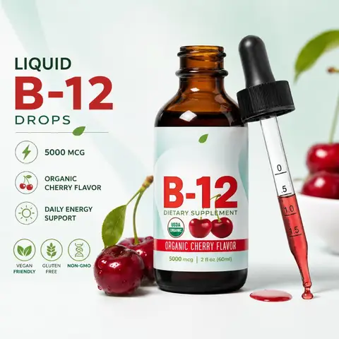 Vitamin B12 Methylcobalamin Drops 5000mcg, Vegan Sugar Free Sublingual Liquid Supplement Cherry Flavor Daily Support 60ml