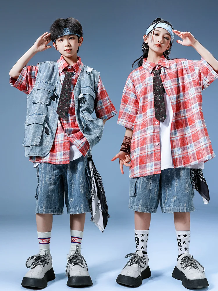 

Boys Hip Hop Sets Red Plaid Shirt Denim Vest Jeans Short Girls Jazz Street Dance Clothes Kids Streetwear Teens Costume