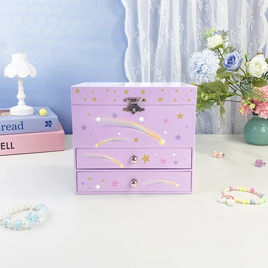 🔥 Hot Sale! Princess Musical Jewelry Box for Girls - Purple Unicorn Star Storage Organizer with Drawers, Perfect Birthday/Chris