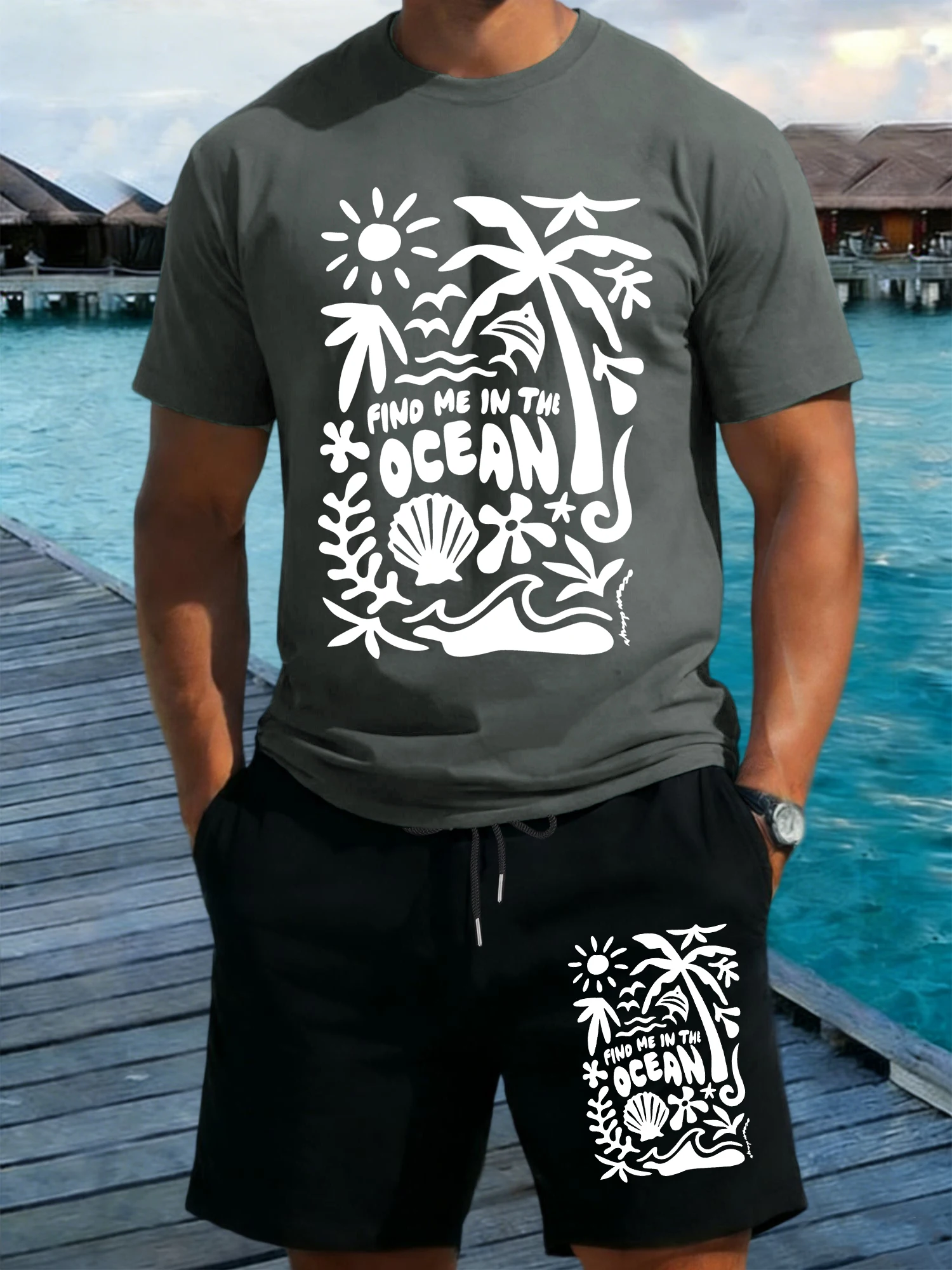 

Find Me In The Ocean Printed T-Shirt Suits Man Loose Cotton T Shirt Breathable Wide-Leg Shorts Drawstring Summer Black Pants