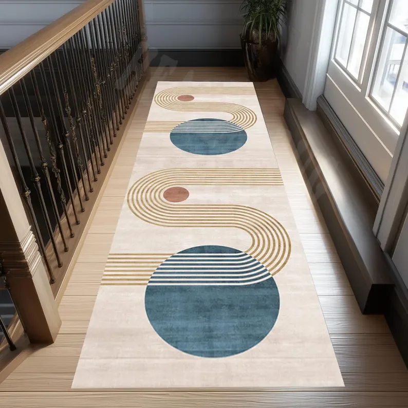 Mid Century Modern Runner Rug Abstract Lines Circles Design Century Hallway Carpet Non-Slip Runner Rug Town Hallway Carpets