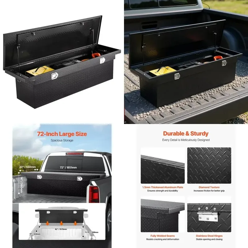 Aluminum Off-Road Truck Toolbox 72x20x14 Diamond Pattern Waterproof Lock Side Handle Black for Cargo Box