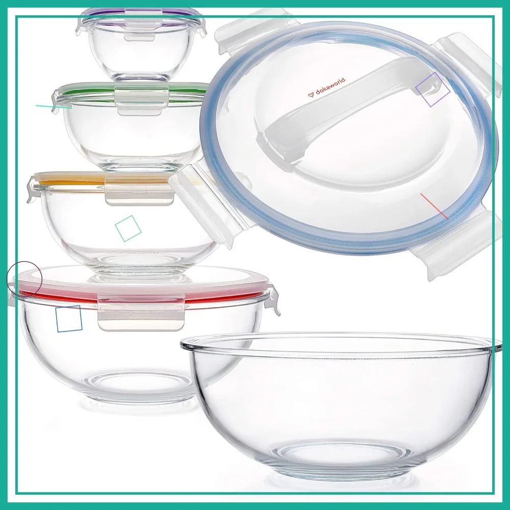 

Набор из 5 штабелируемых стеклянных мисок с крышками без BPA для приготовления, хранения и готовки продуктов - можно использовать в микроволновой печи