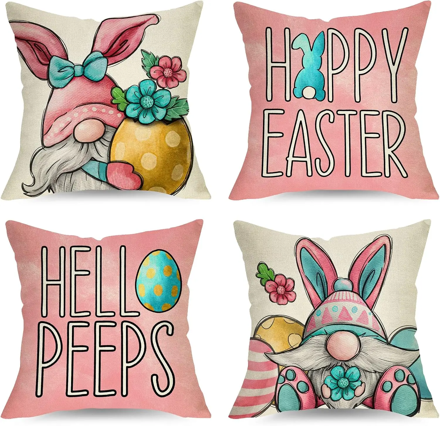 Happy Easter Bunny Gnome Pillowcase (1-Pack) - Double-Sided Printed Pink Spring Decor Cushion Cover with Bird & Egg for Sofa
