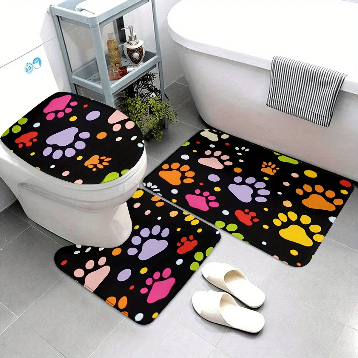 

3pcs Cute Dog Paw Print Bathroom Mat Set - High-quality flannel fabric, soft and comfortable, and machine washable. The set incl