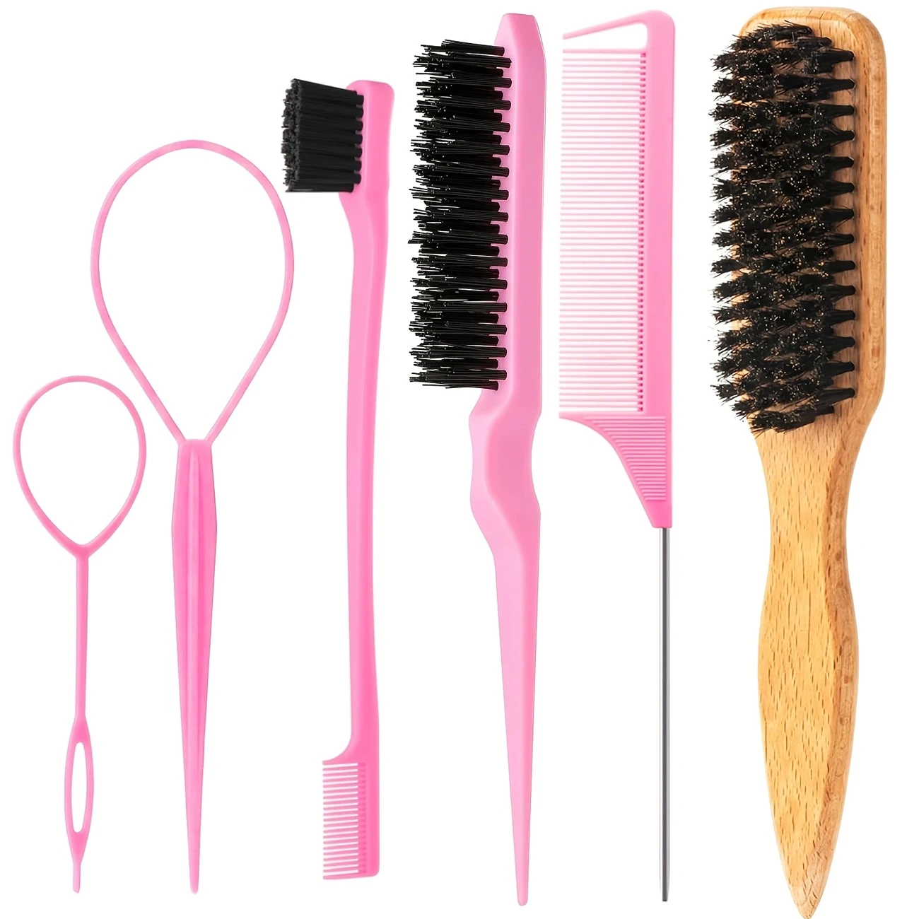 6PCS Boar Bristle Slick Back Hair Brush Hair Styling Tools Kit | Rat Tail Comb,Topsy Tail Loop Tools for,Edge Control Brush