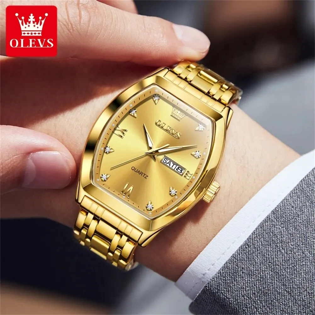 OLEVS 5528 Watch for Men Tonneau Dial Diamond Scale Calendar Waterproof Luminous Quartz Wristwatch Luxury Valentine Day Man Gift