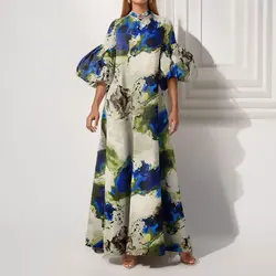 Women's Printed Maxi Dress Elegant Ladies Lantern Sleeve Loose Long Dress Summer New Evening Party Dress For Women