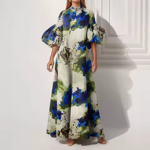 Women's Printed Maxi Dress Elegant Ladies Lantern Sleeve Loose Long Dress Summer New Evening Party Dress For Women