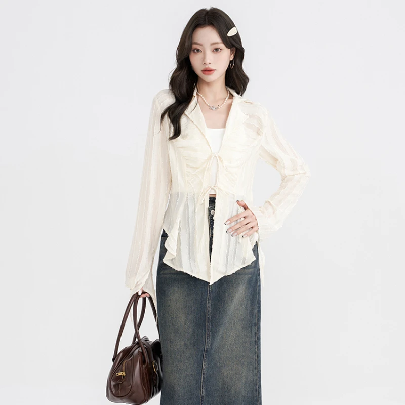 Shirts Women Solid Color Elegant Thin Fairy Sun-proof Long Flare Sleeve Lace Up Spring Hotsweet Korean Style All-match College