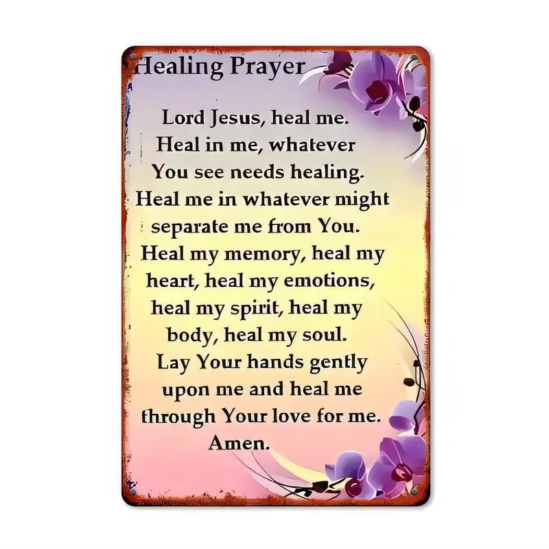 Vintage Metal Healing Prayer Tin Sign - Retro Floral (Purple Flowers) & Religious Prayer Text, Pastel Colors, Iron Wall Art for