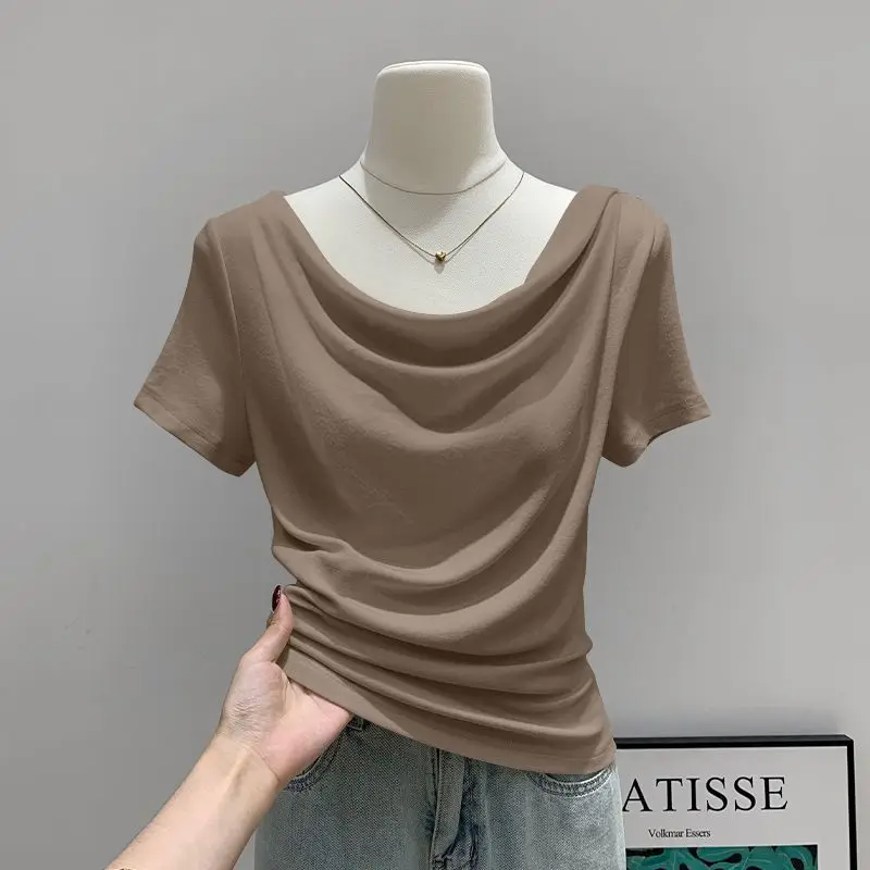 

Summer Thin Slash Neck Short Sleeved T-shirt Feminine Temperament Summer Irregular Slim Fit Spicy Top Plus Size Women Clothing