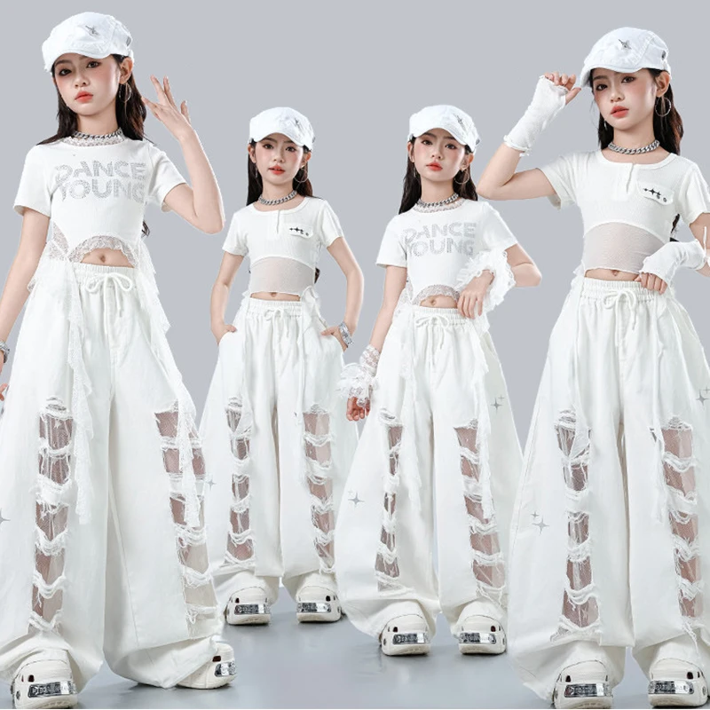 

Jazz Dance Costume Girl Kpop Show Outfit White Performance Stage Clothes Crop Top Hip Hop Pants Fashion Street Dance Wear 3856