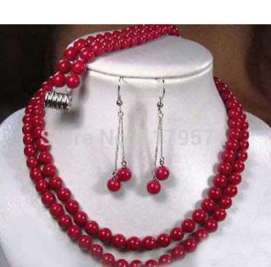 

fine 7-8mm 2 Rows Tibet Imitation Red Set necklace bracelet earring Beads wedding Gift for women sterling--jewelr