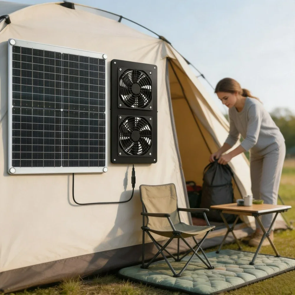 IP65 Waterproof Dual Exhaust Ventilation Fan Powered By 20W 30W Monocrystalline Solar Panel for RV Greenhouse Chicken Coop Pet