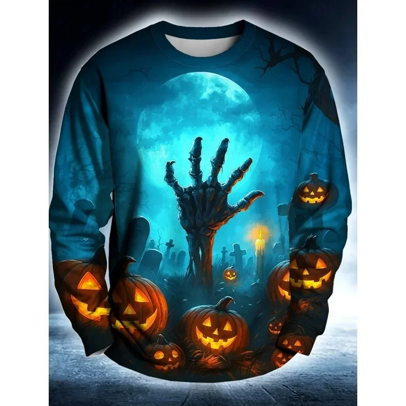 3D printed Halloween pumpkin pattern men's T-shirt, skeleton and dollar pattern pullover long-sleeved autumn casual round-neck T