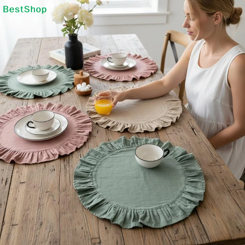 ✍Round Ruffled Cotton Linen Placemats, Wrinkled Edge Table Mats for Dining Table & Home Decor (Multi-Color)