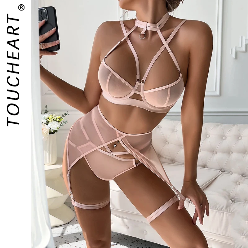 Toucheart Fantasia Lingeries Sexy Female Seamless Bra Kit Push Up Tulle Transparent Underwear Suspenders Complete Lace Bra Sets